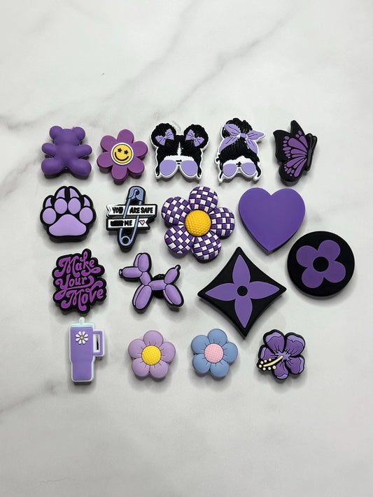 Purple shoe charms, cute trending purple shoe charms for Crocs, Purple and black Croc compatible charms